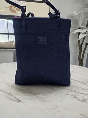 Michael Kors Jet Set MK Monogram Embossed Neoprene Tote Bag Navy